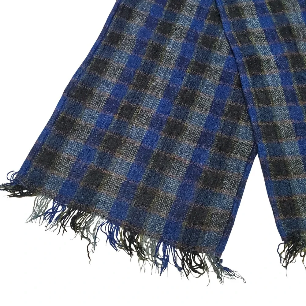 Boyne Valley Weavers‎ Plaid Scarf Blue Black Wool Fringe Handcrafted Ireland